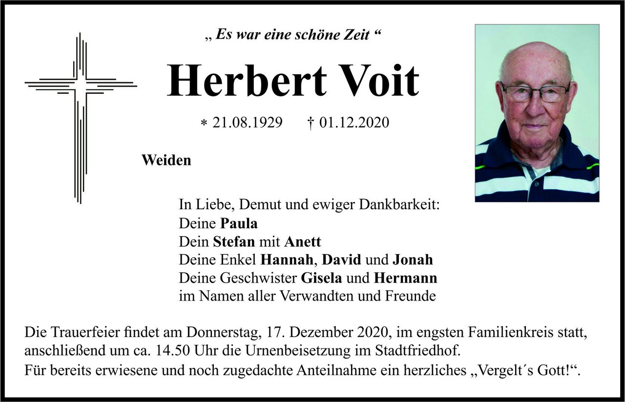 Traueranzeige Herbert Voit, Weiden