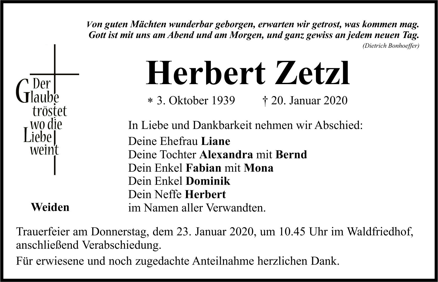 Traueranzeige Herbert Zetzl, Weiden