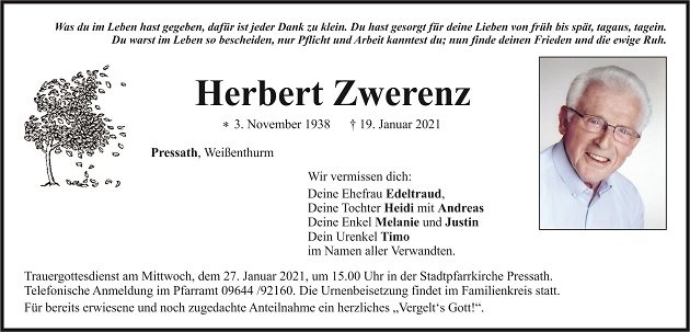 Traueranzeige Herbert Zwerenz Pressath