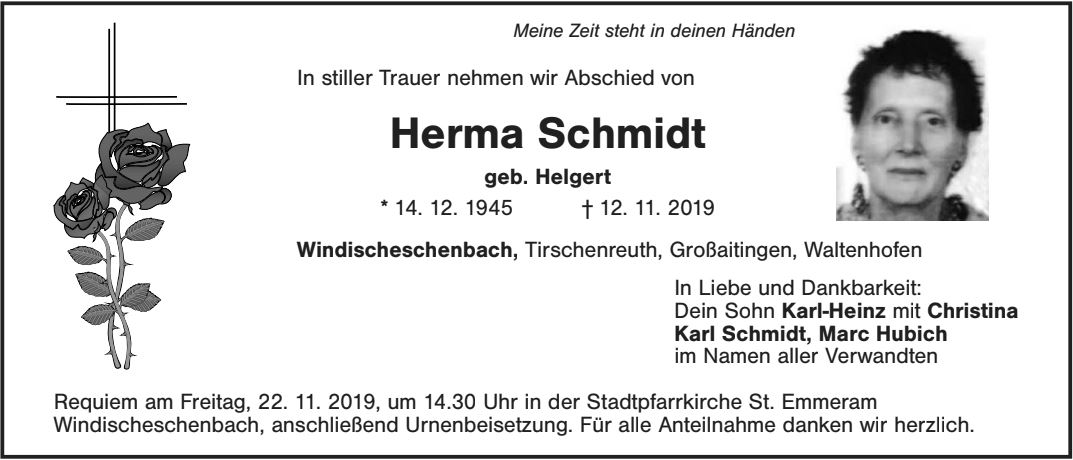 Traueranzeige Herma Schmidt, Windischeschenbach