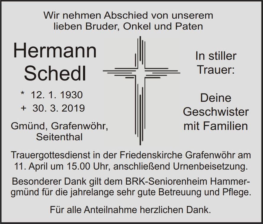 Traueranzeige Hermann Schedl Gmünd