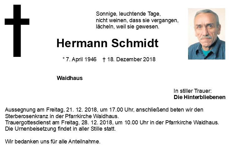 Traueranzeige Hermann Schmidt Waidhaus