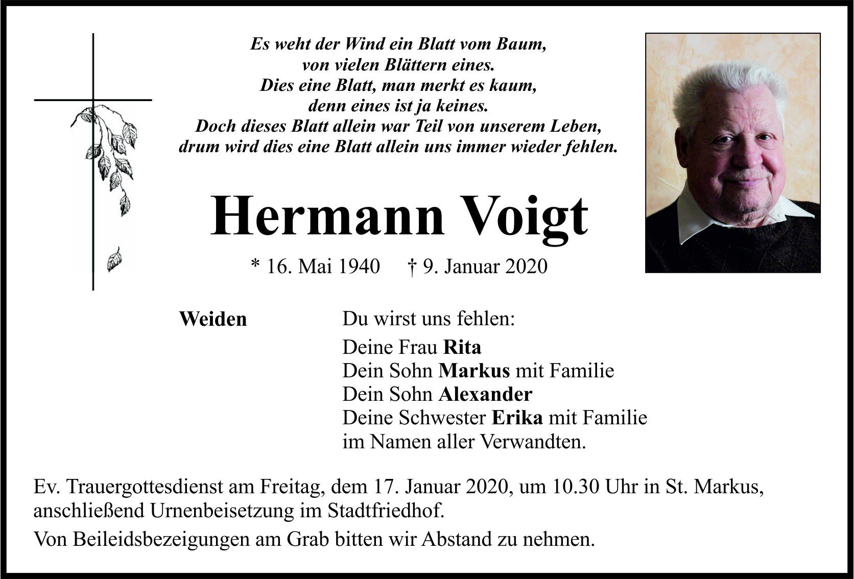 Traueranzeige Hermann Voigt, Weiden