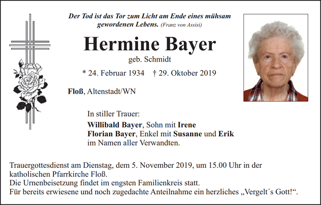 Traueranzeige Hermine Bayer Floß