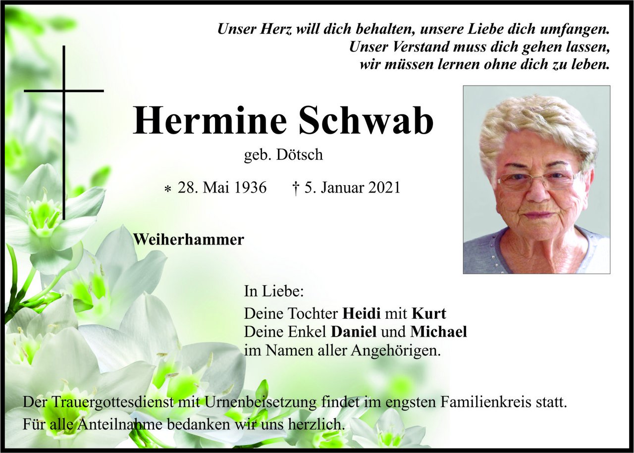Traueranzeige Hermine Schwab, Weiherhammer