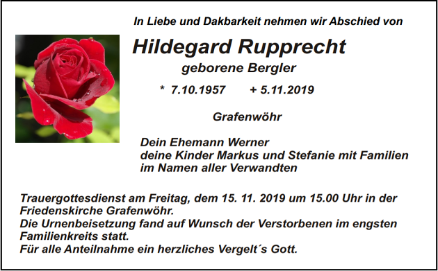 Traueranzeige Hildegard Rupprecht Grafenwöhr