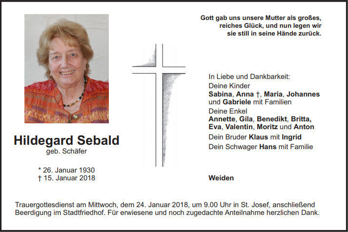 Traueranzeige Hildegard Sebald Weiden