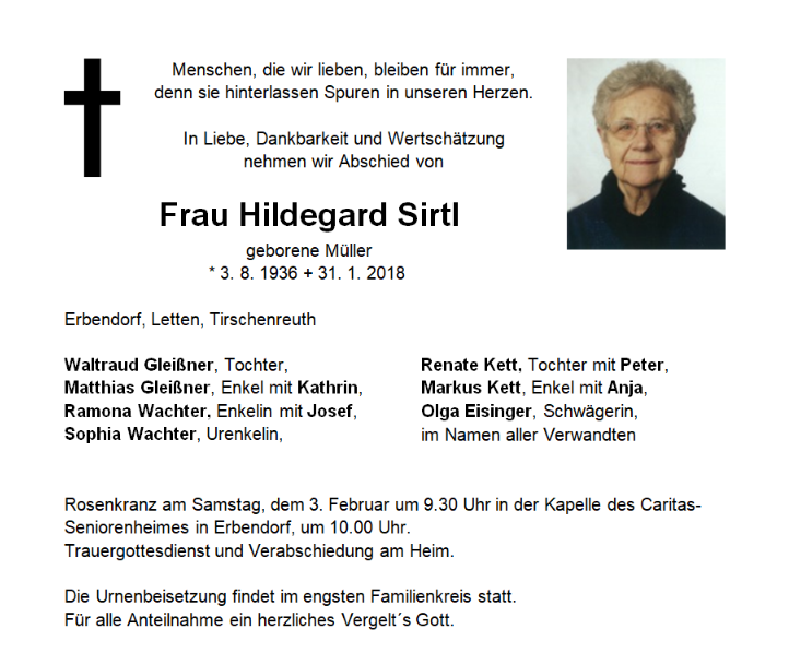 Traueranzeige Hildegard Sirtl Erbendorf