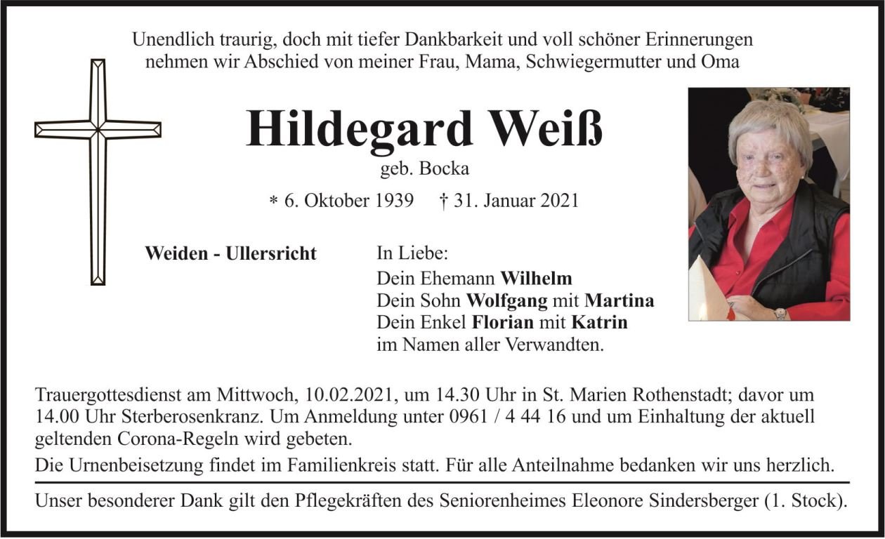 Traueranzeige Hildegard Weiß, Weiden