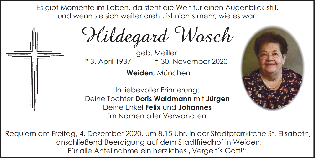 Traueranzeige Hildegard, Wosch, Weiden