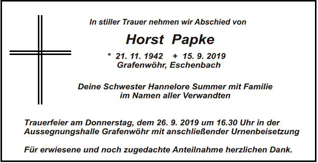 Traueranzeige Horst Papke Grafenwöhr