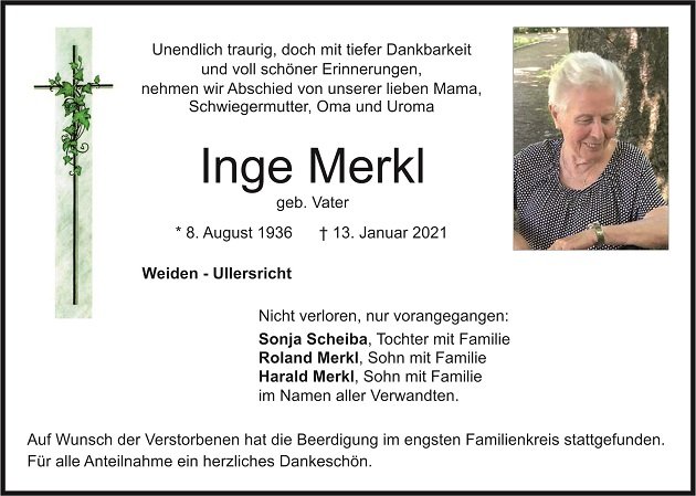Traueranzeige Inge Merkl Weiden