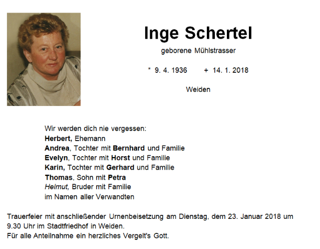 Traueranzeige Inge Schertel Weiden 1