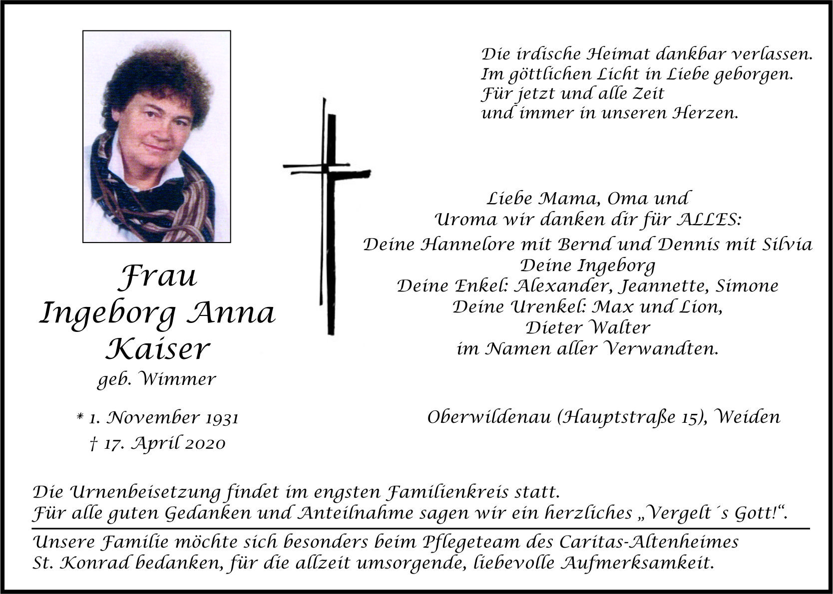Traueranzeige Ingeborg Anna Kaiser