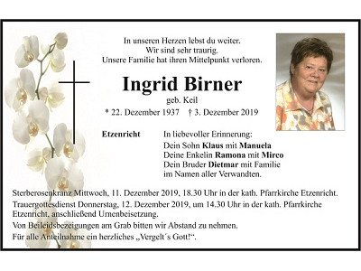 Traueranzeige Ingrid Birner, Etzenricht