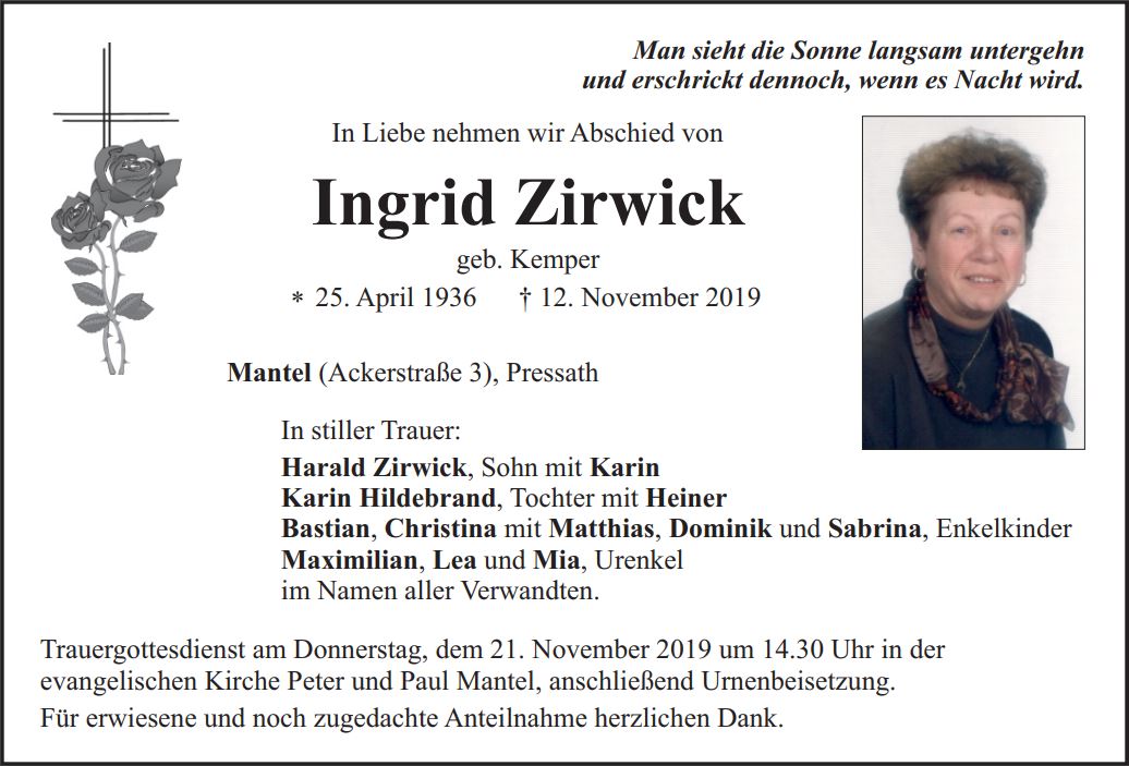 Traueranzeige Ingrid Zirwick, Mantel Pressath