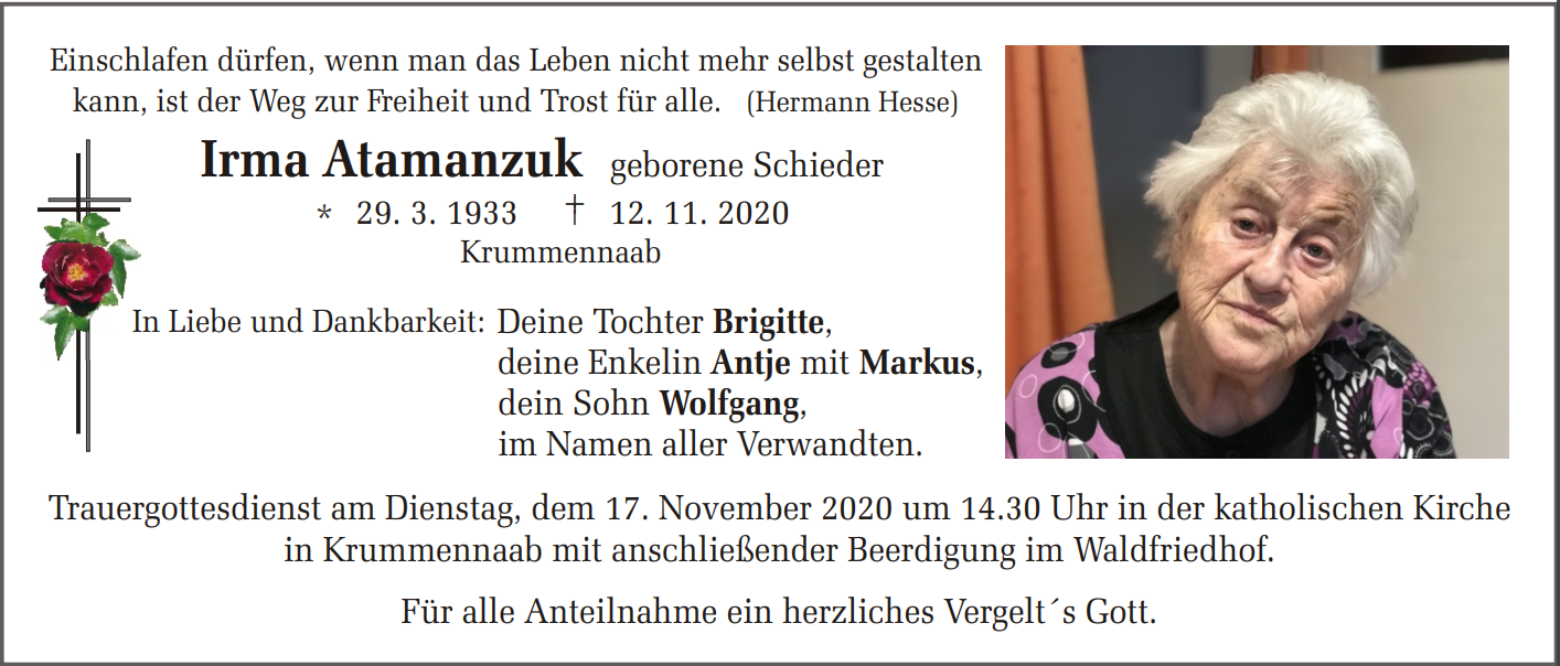Traueranzeige Irma Atamanzuk, Krummennaab