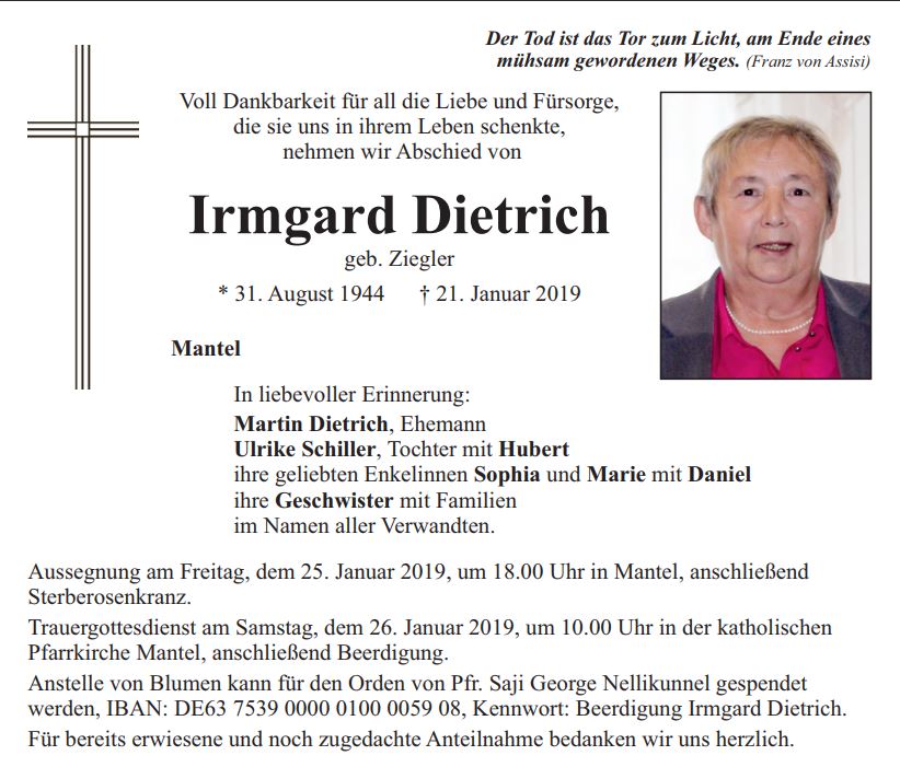 Traueranzeige Irmagrd Dietrich