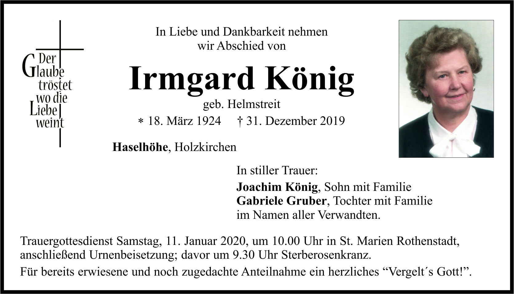 Traueranzeige Irmgard König, Haselhöhe