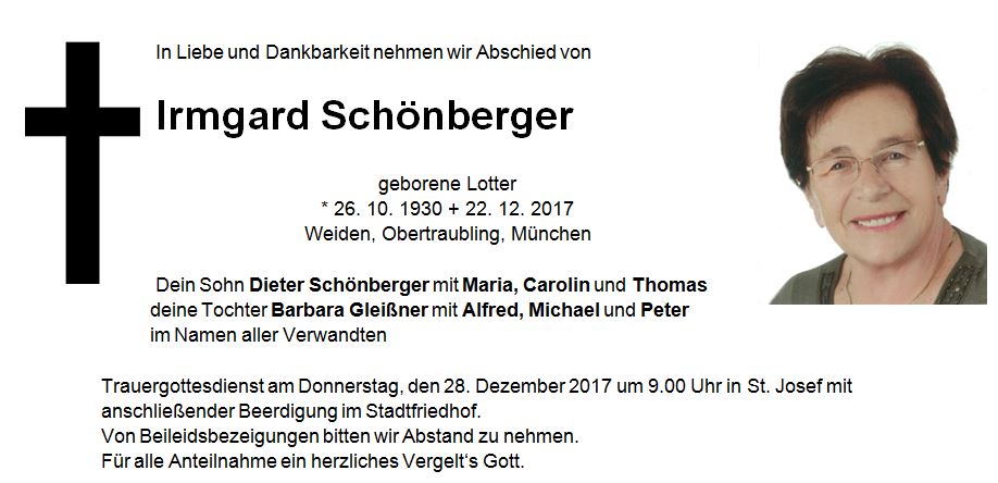 Traueranzeige Irmgard Schönberger Weiden