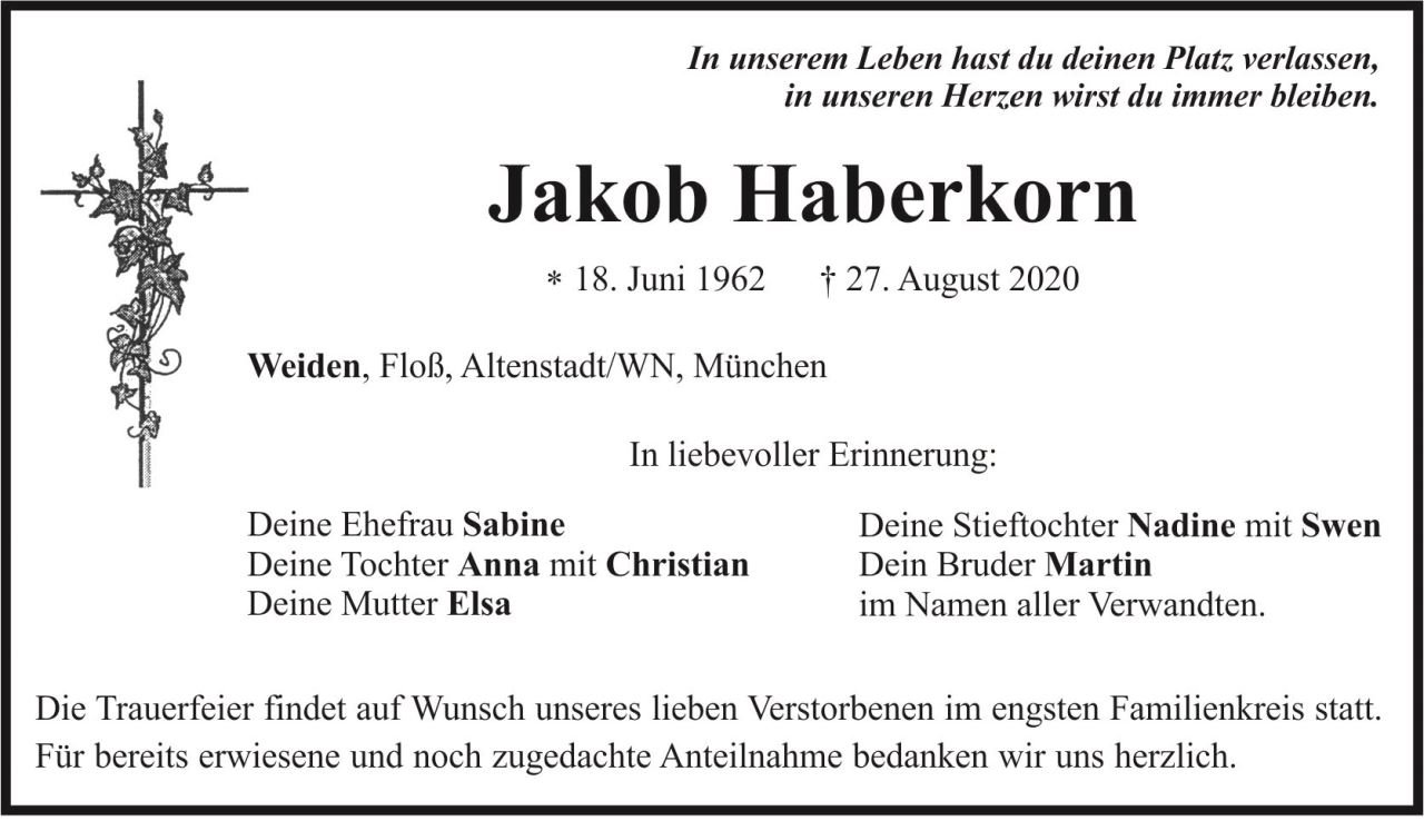 Traueranzeige Jakob Haberkorn, Weiden Floß Altenstadt