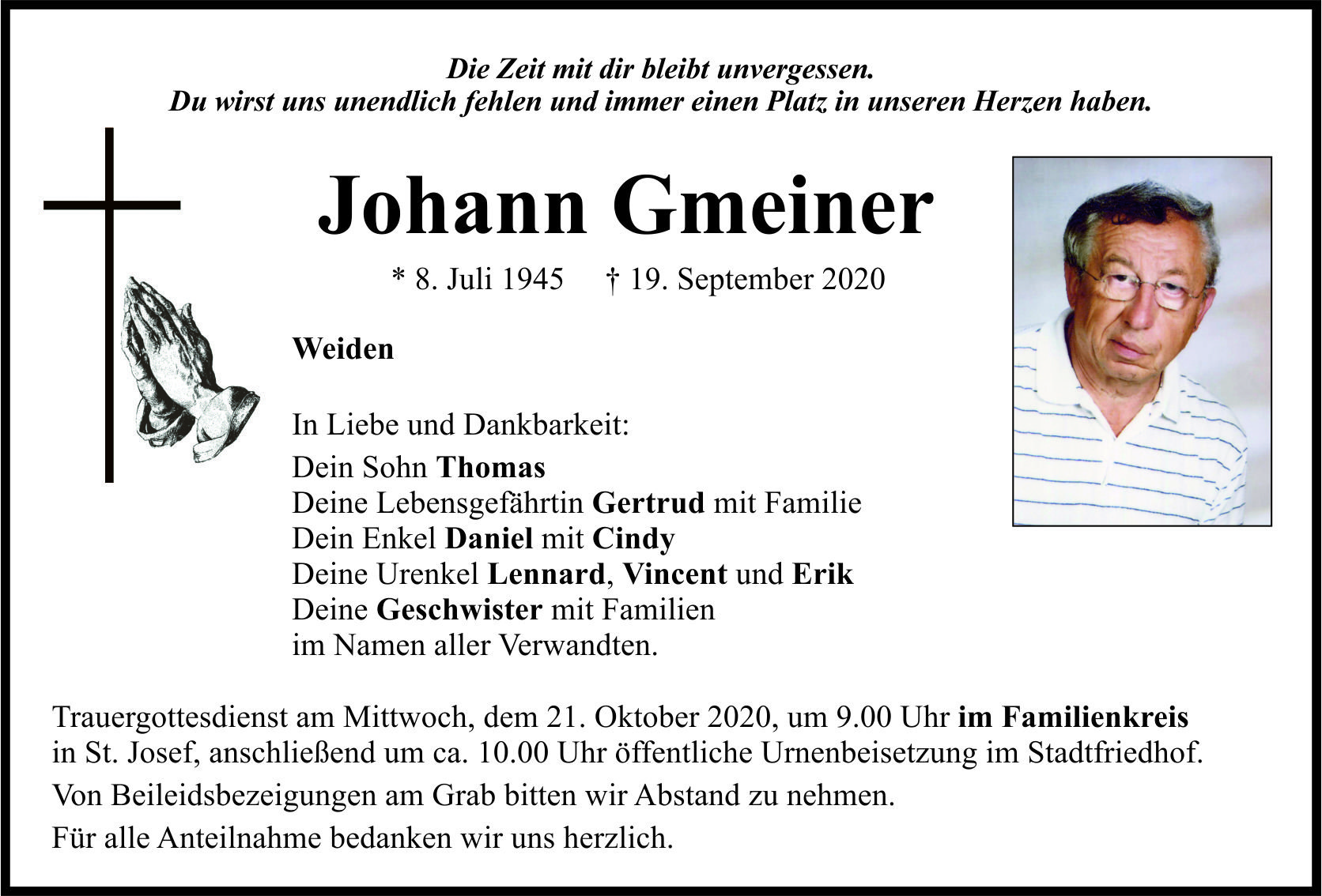 Traueranzeige Johann Gmeiner, Weiden
