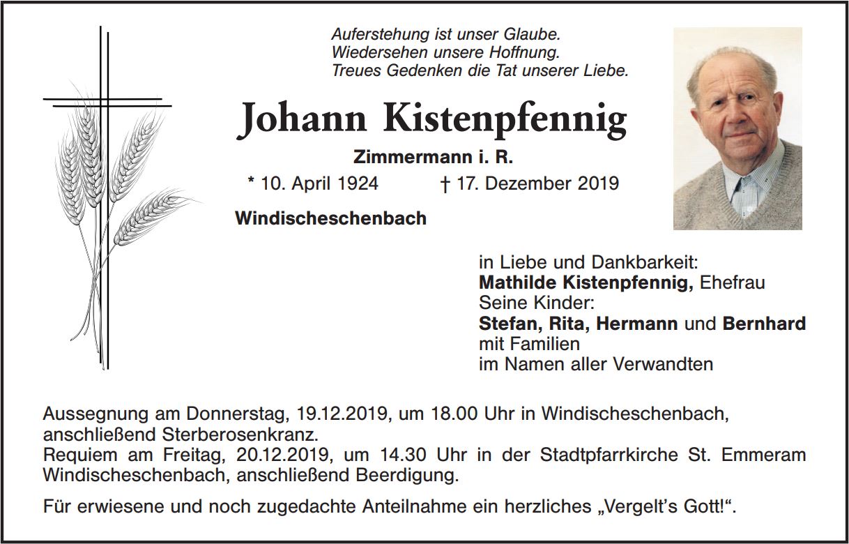 Traueranzeige Johann Kistenpfennig, Windischeschenbach