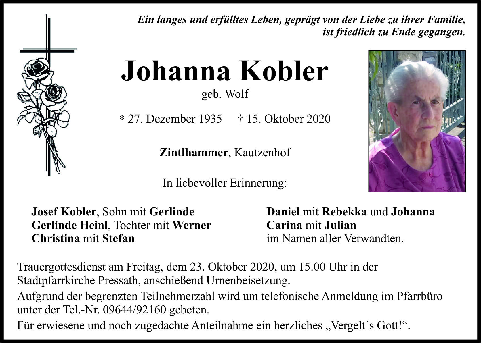 Traueranzeige Johanna Kobler, Zintlhammer