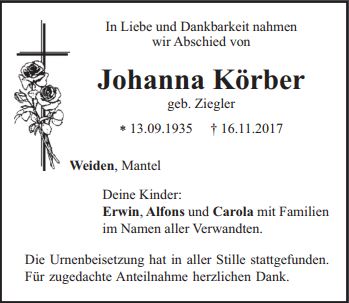 Traueranzeige Johanna Körber Weiden
