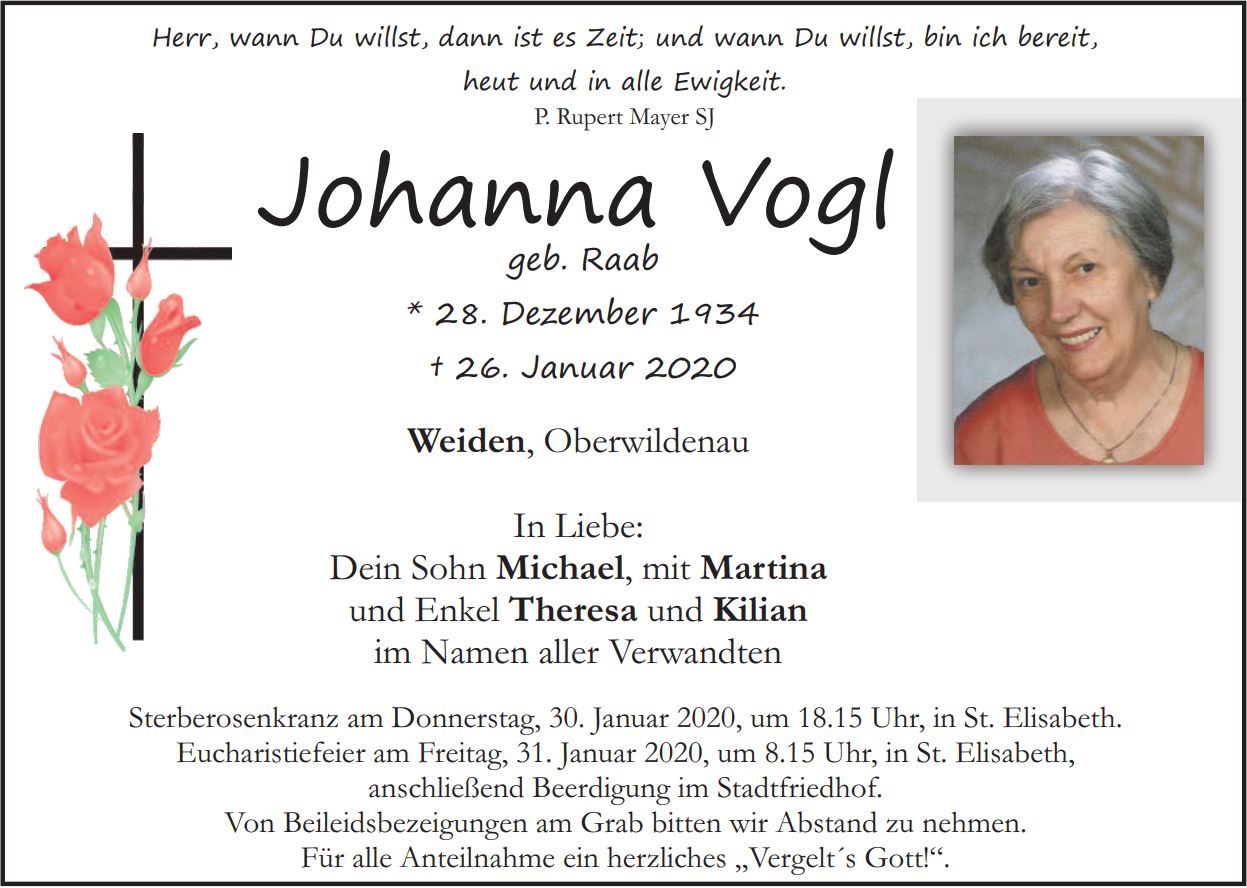 Traueranzeige Johanna Vogl, Weiden