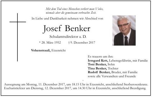 Traueranzeige Josef Benker Vohenstrauß