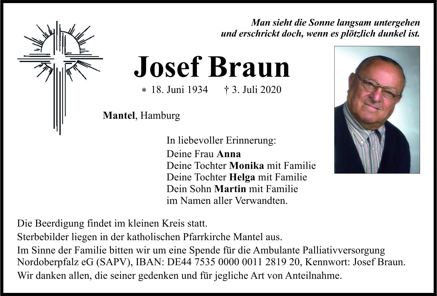 Traueranzeige Josef Braun, Mantel