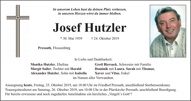 Traueranzeige Josef Hutzler Pressath.