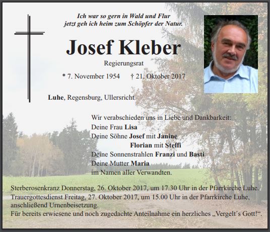 Traueranzeige Josef Kleber Luhe
