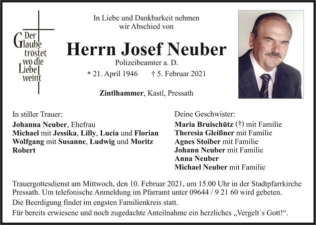 Traueranzeige Josef Neuber Zintlhammer