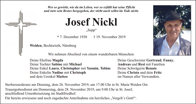 Traueranzeige Josef Nickl Weiden