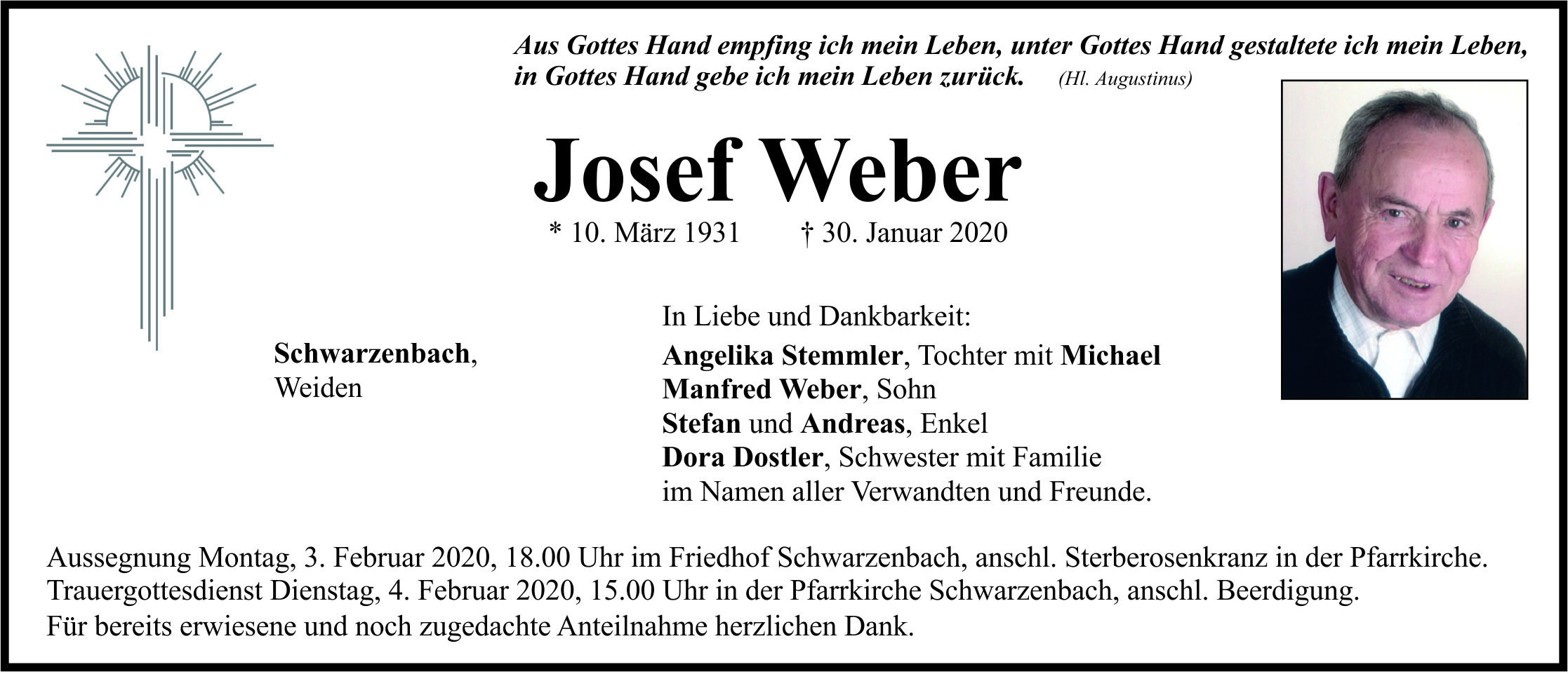 Traueranzeige Josef Weber, Schwarzenbach