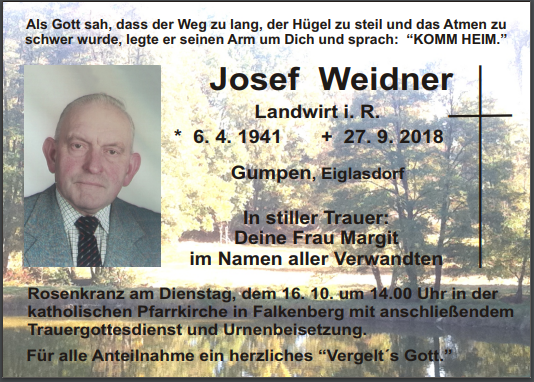 Traueranzeige Josef Weidner Gumpen