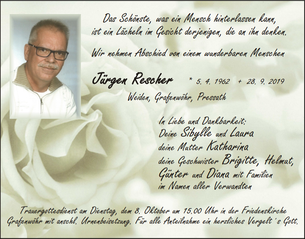 Traueranzeige Jürgen Rescher Weiden