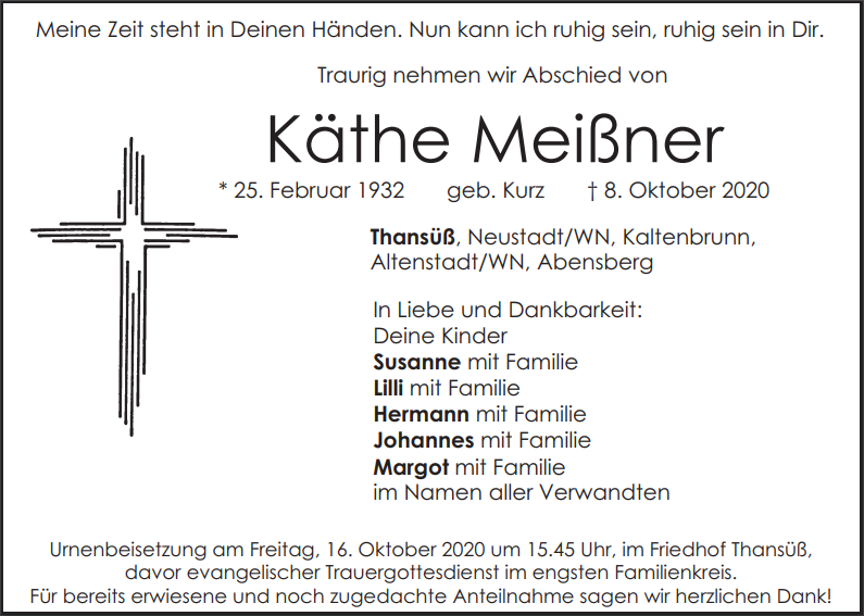 Traueranzeige Käthe Meißner, Thansüß