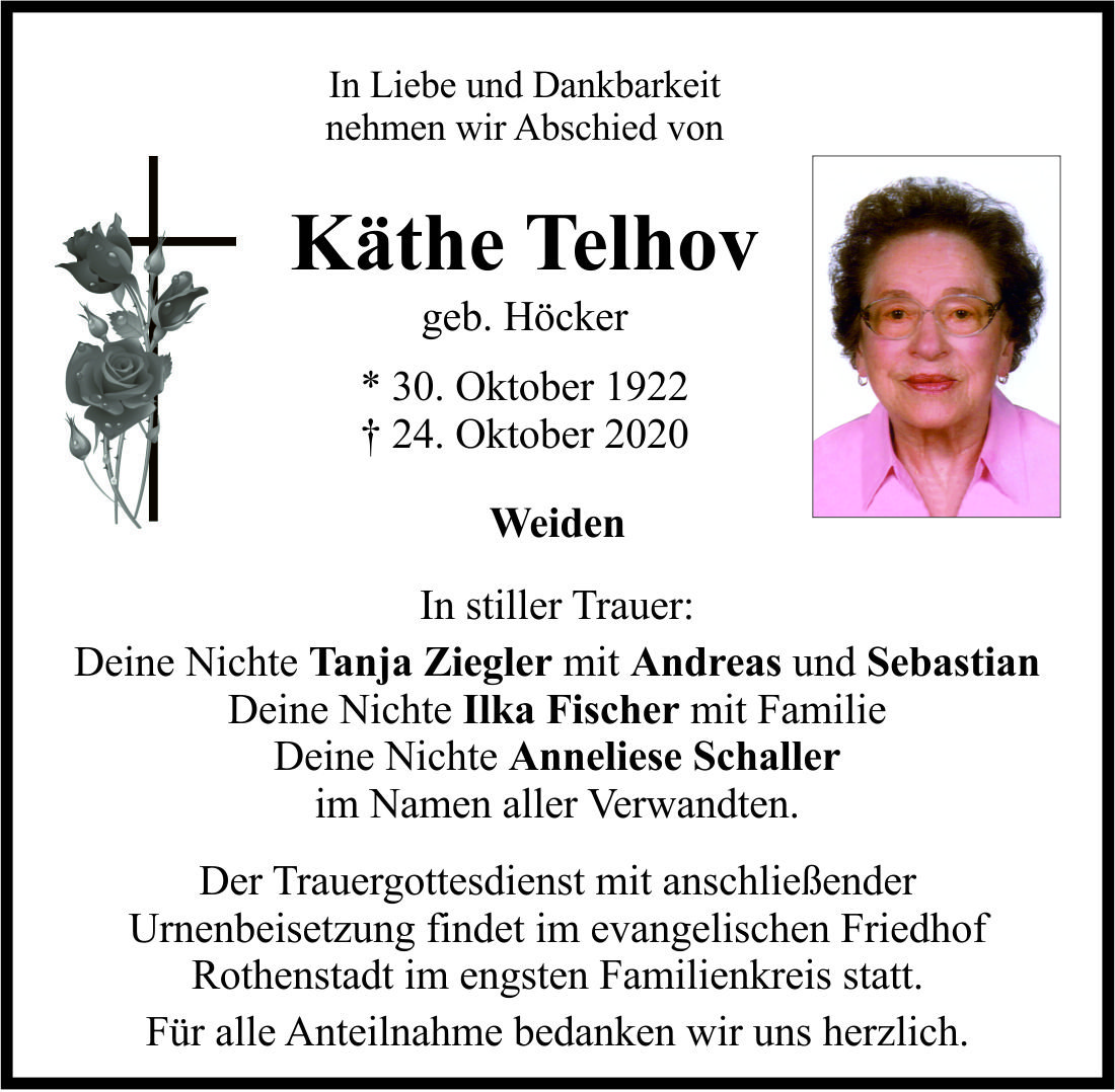 Traueranzeige Käthe Telhov, Weiden