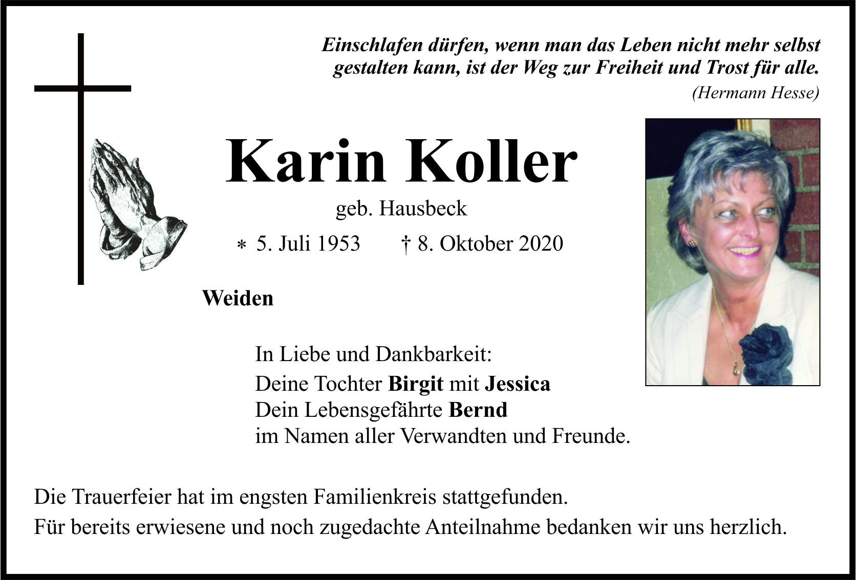 Traueranzeige Karin Koller, Weiden