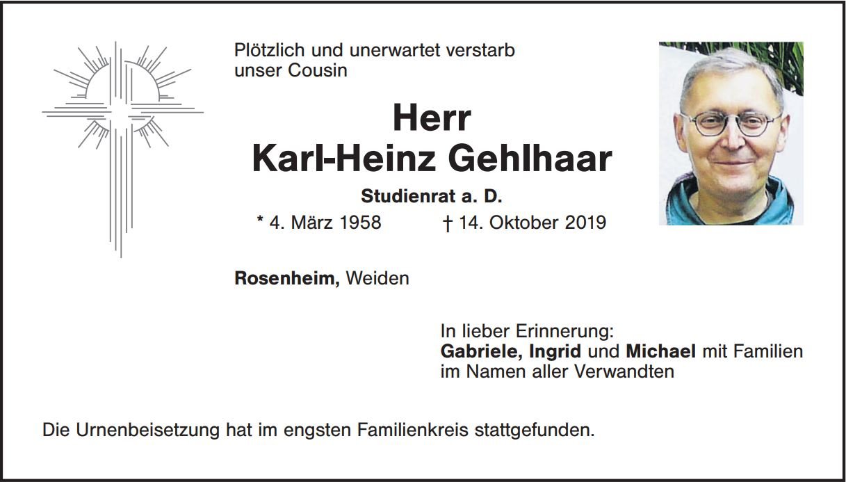 Traueranzeige Karl-Heinz Gehlhaar, Weiden