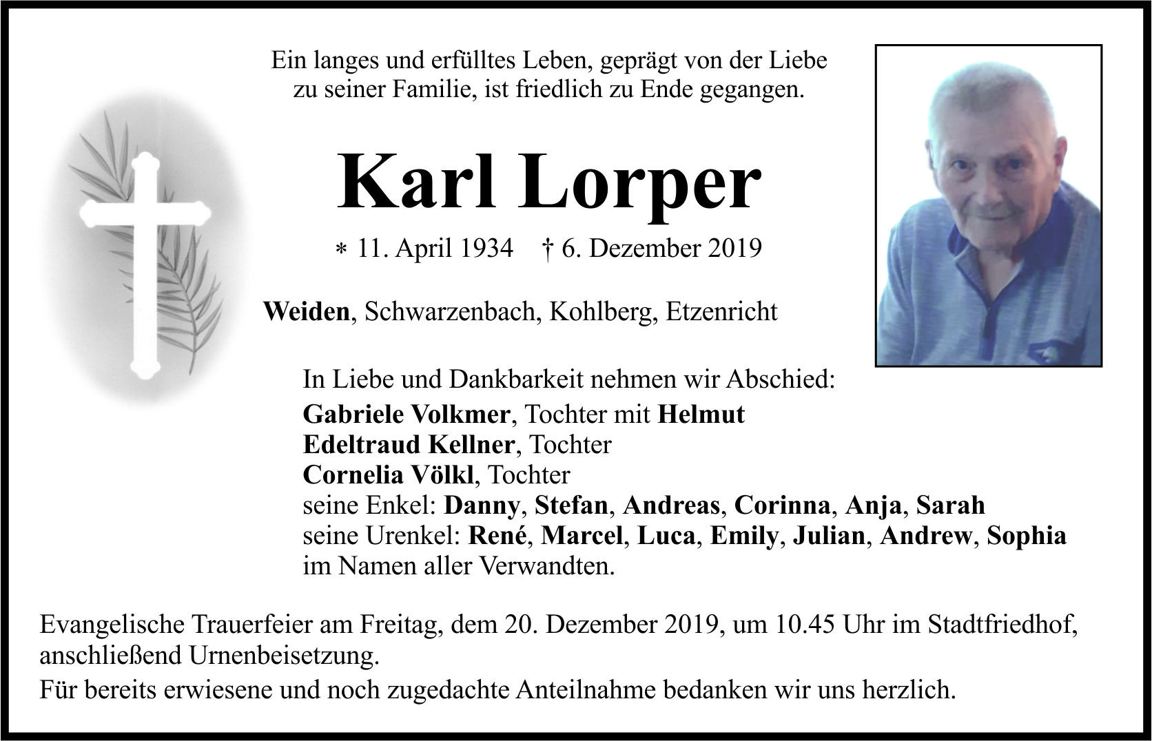 Traueranzeige Karl Lorper Weiden Schwarzenbach Kohlberg Etzenricht