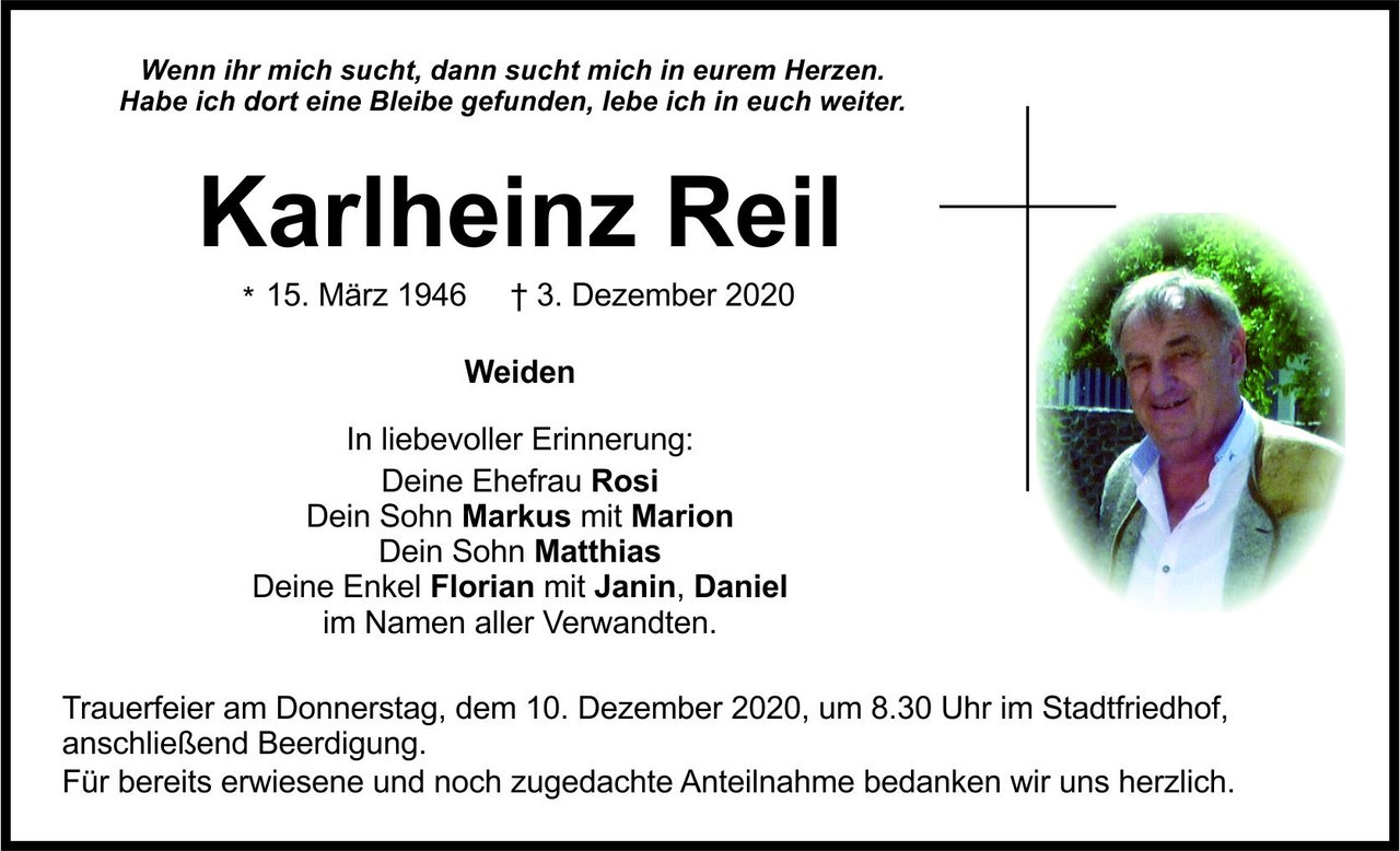 Traueranzeige Karlheinz Reil, Weiden