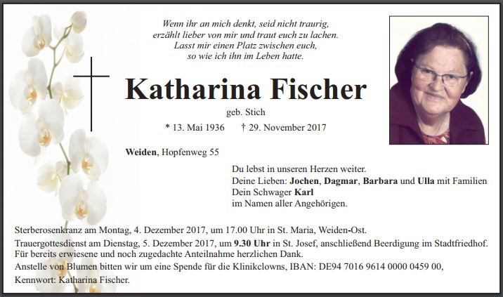 Traueranzeige Katharina Fischer Weiden