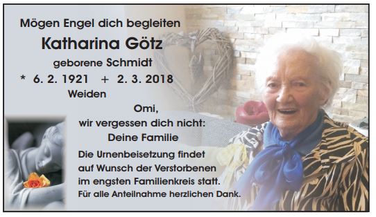 Traueranzeige Katharina Götz Weiden