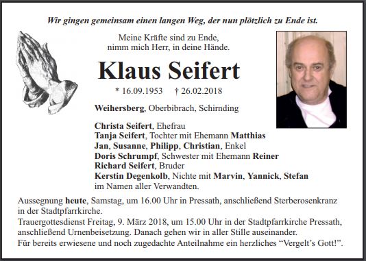 Traueranzeige Klaus Seifert, Weihersberg