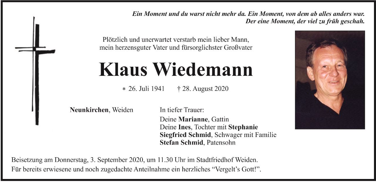 Traueranzeige Klaus Wiedemann, Neunkirchen Weiden
