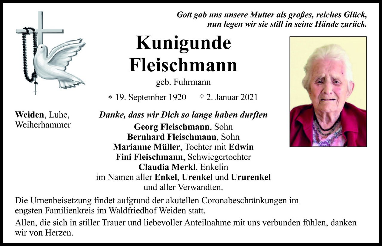 Traueranzeige Kunigunde Fleischmann, Weiden